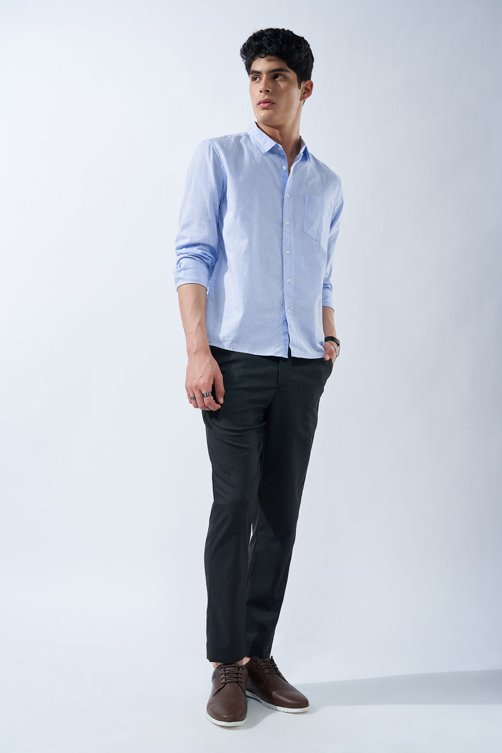 Light Blue Solid Cotton Linen Shirt for Men - Image 6