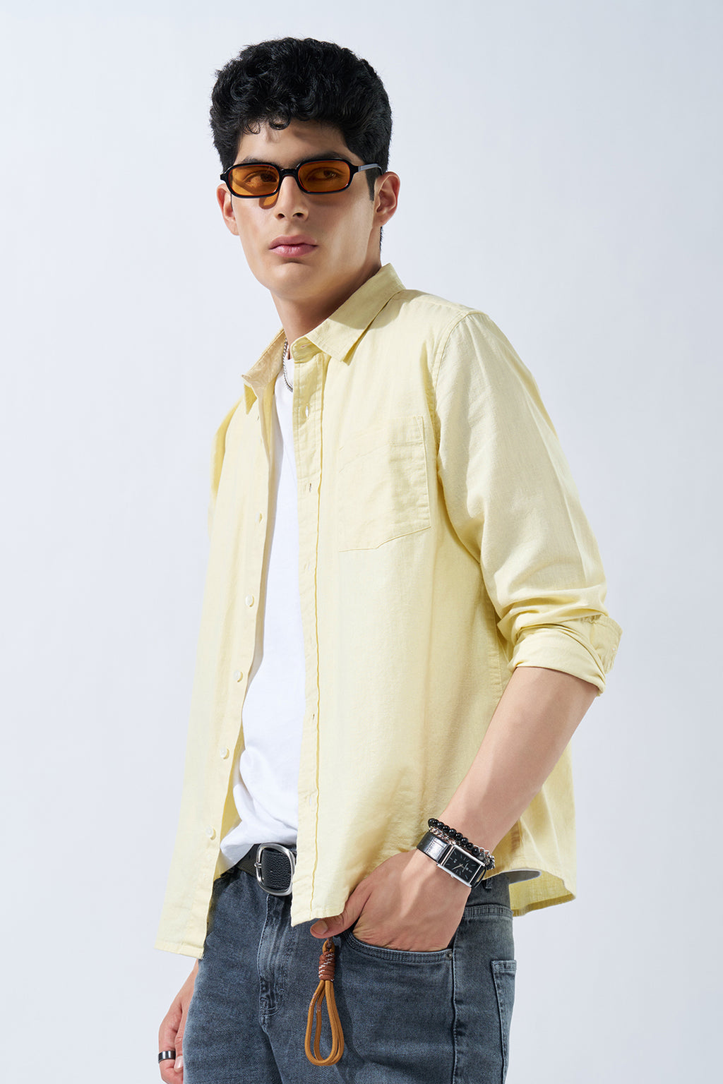 Yellow Solid Cotton Linen Shirt for Men - Image 1