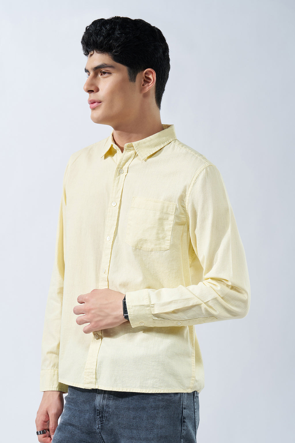 Yellow Solid Cotton Linen Shirt for Men - Image 4