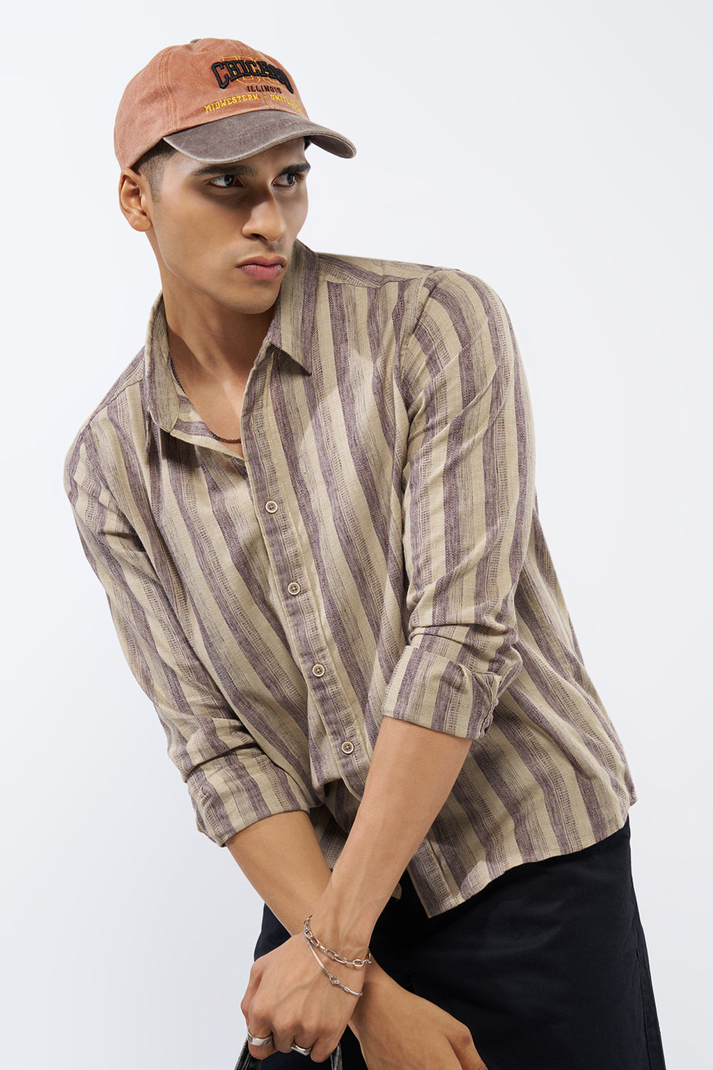Beige Striped Regular Fit Shirt for Men - Image 1