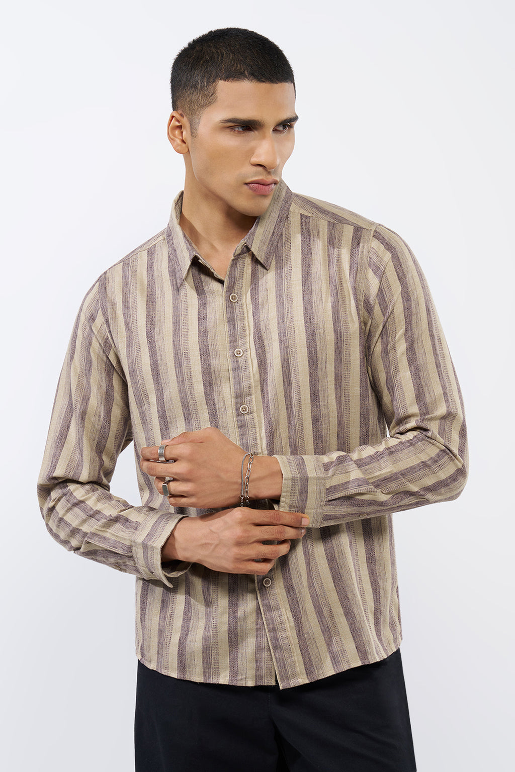 Beige Striped Regular Fit Shirt for Men - Image 2
