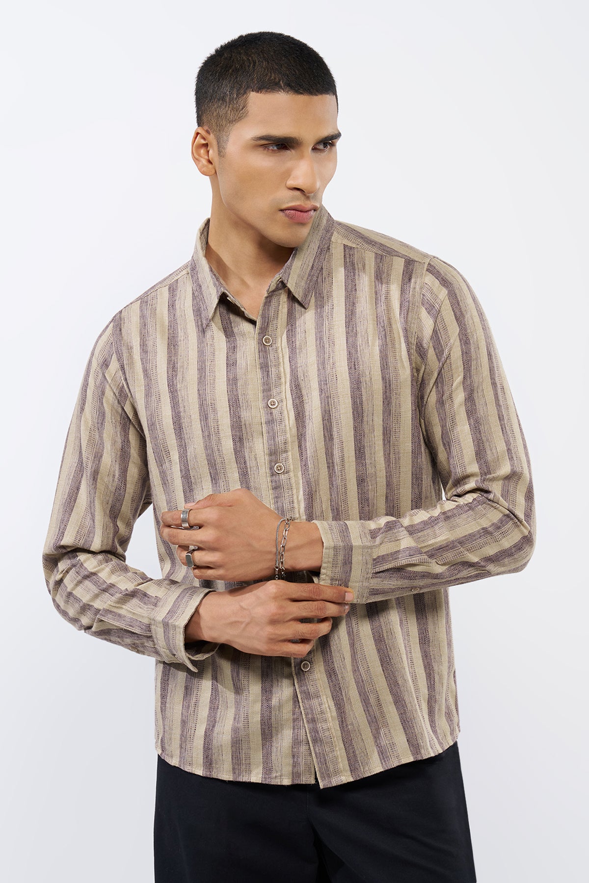 Beige Striped Regular Fit Shirt for Men - Image 2