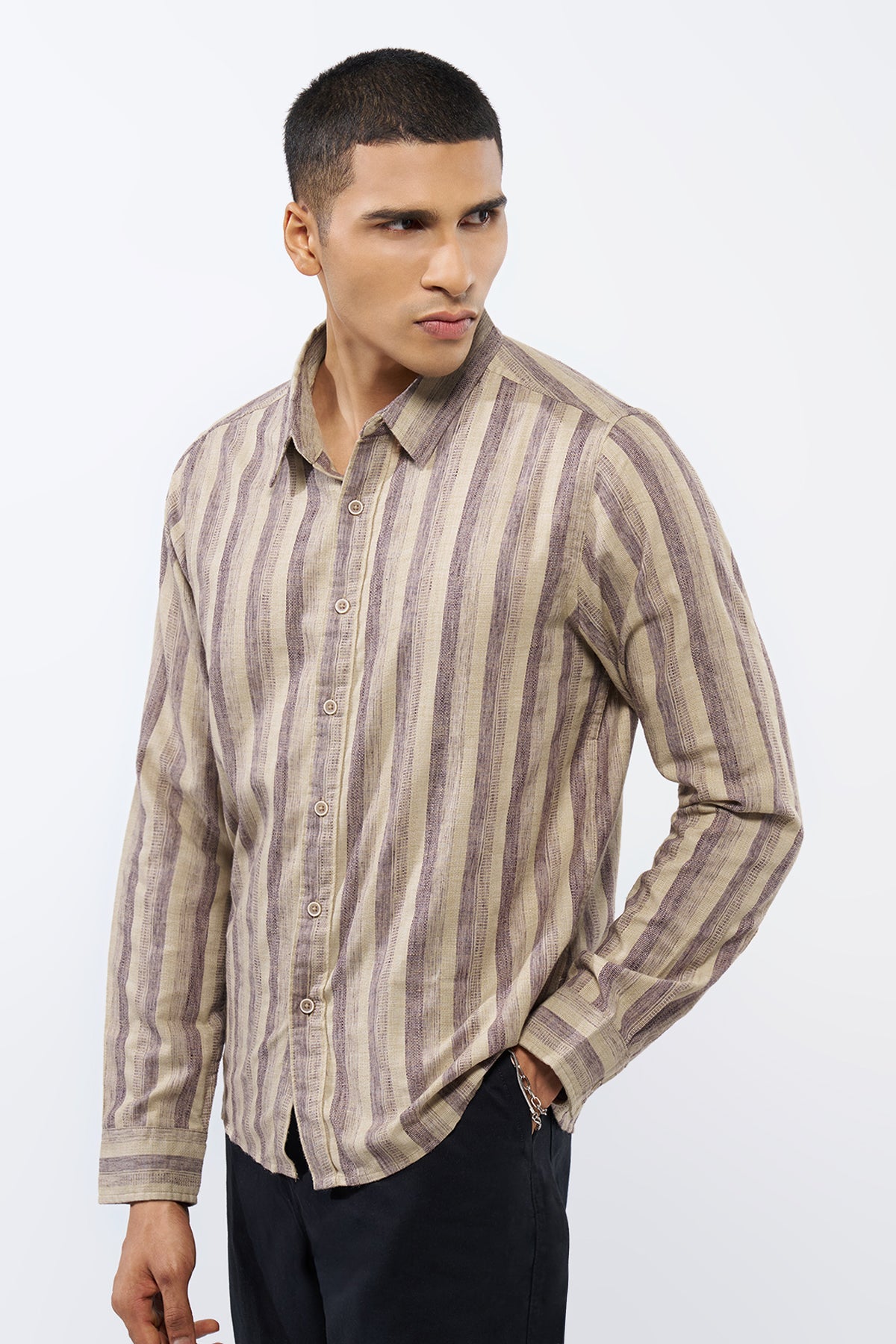 Beige Striped Regular Fit Shirt for Men - Image 4