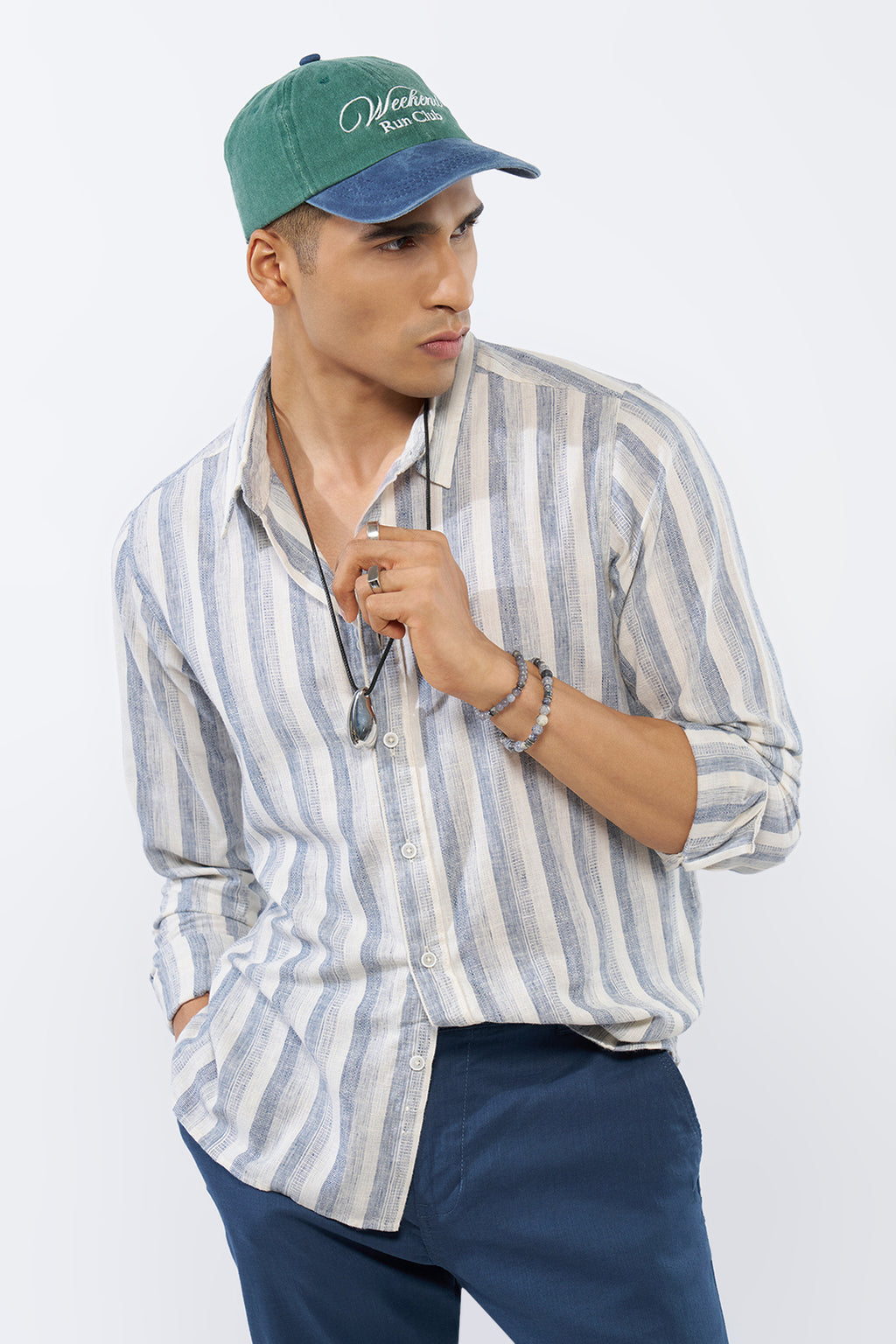 White Striped Regular Fit Shirt for Men - Image 1