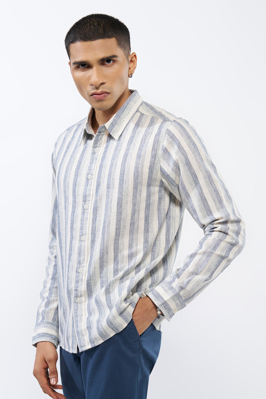 White Striped Regular Fit Shirt for Men - Image 4