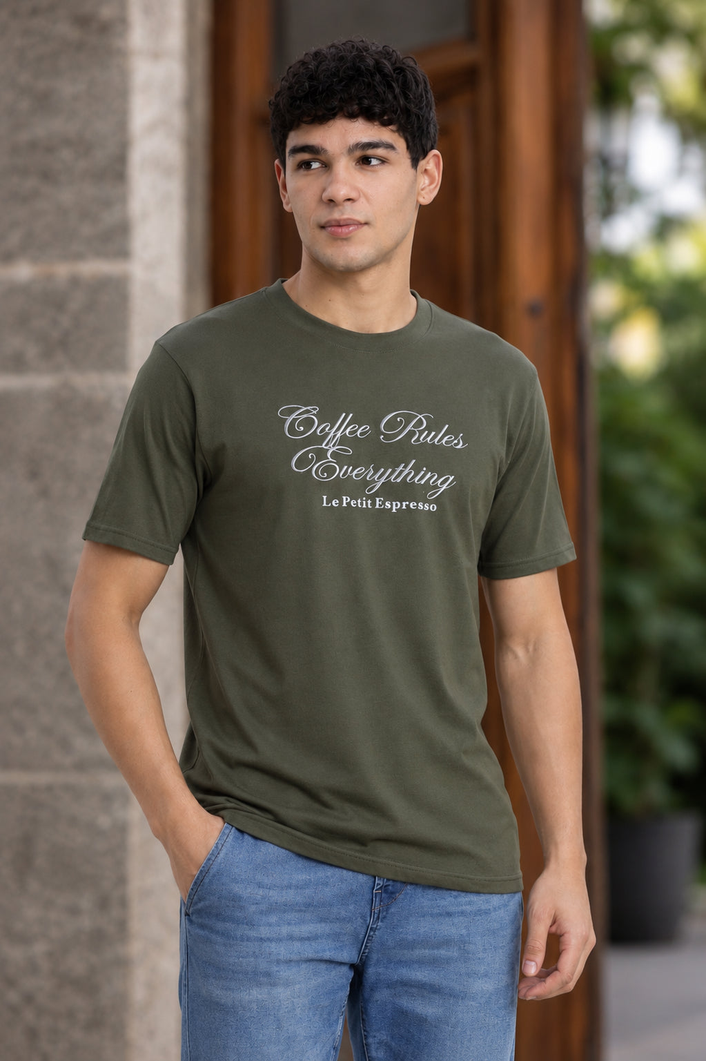 Olive Typographic Regular Fit T-Shirt for Men - Image 1