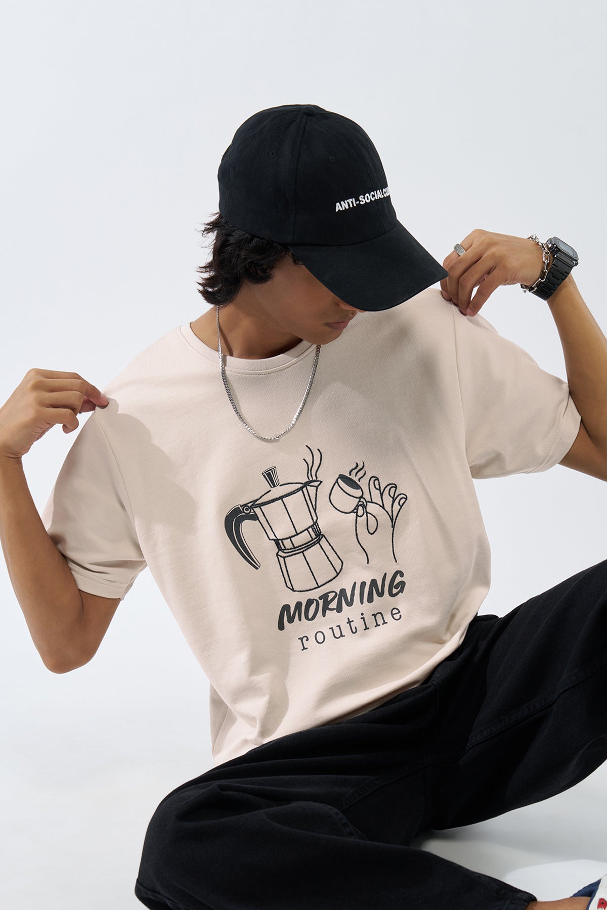 Beige Graphic Printed Regular Fit T-Shirt for Men - Image 1
