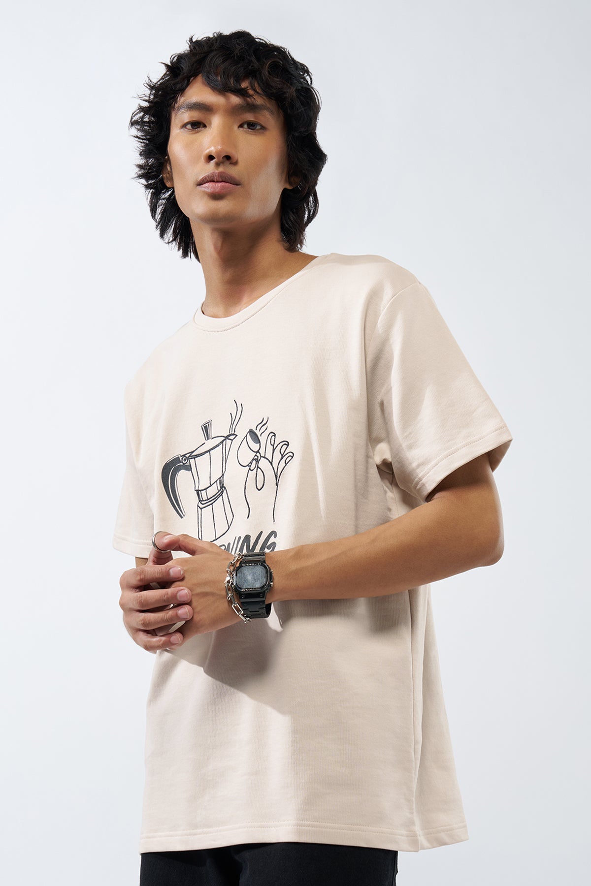 Beige Graphic Printed Regular Fit T-Shirt for Men - Image 4