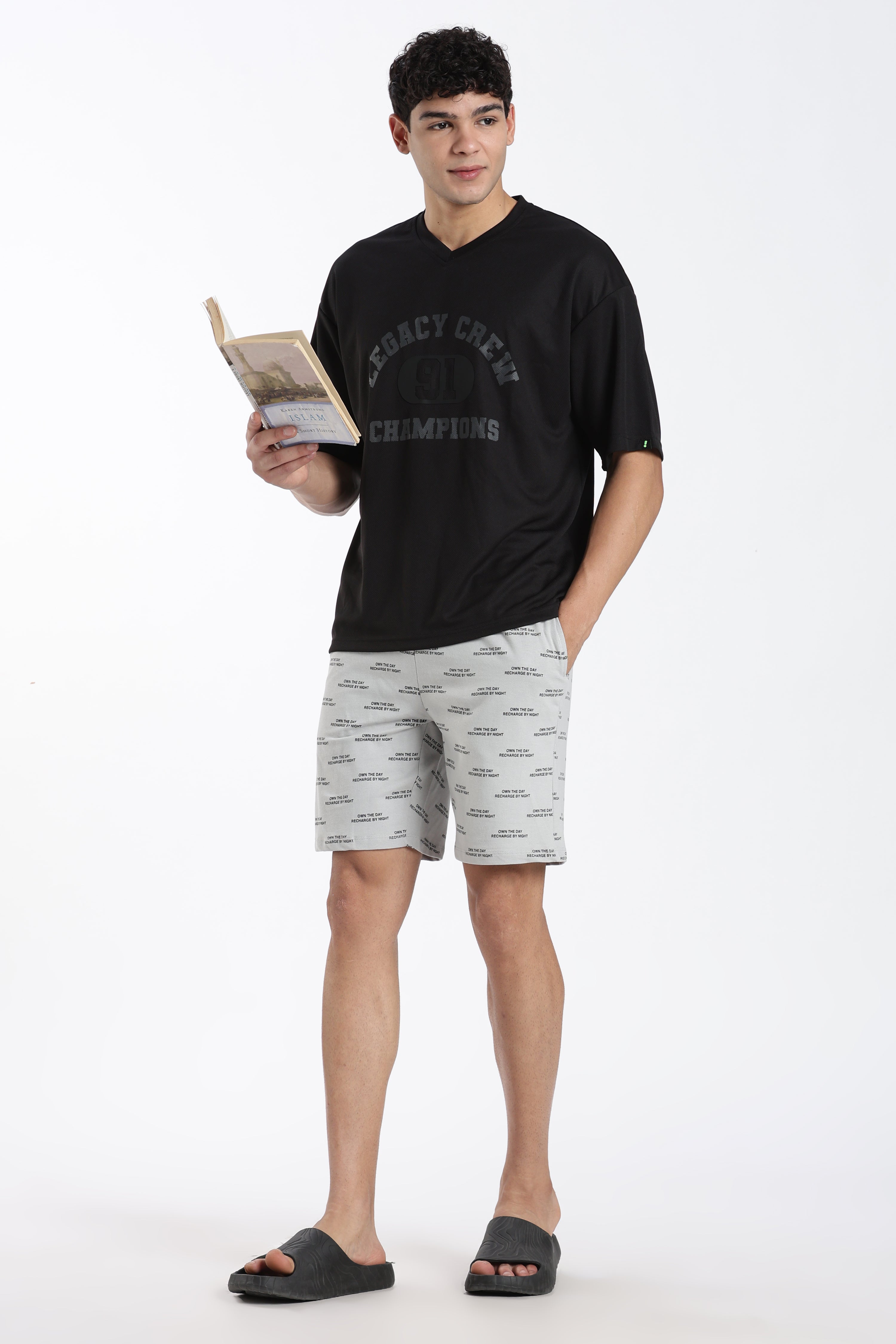 Grey Typographic Regular Fit Shorts for Men - Image 6