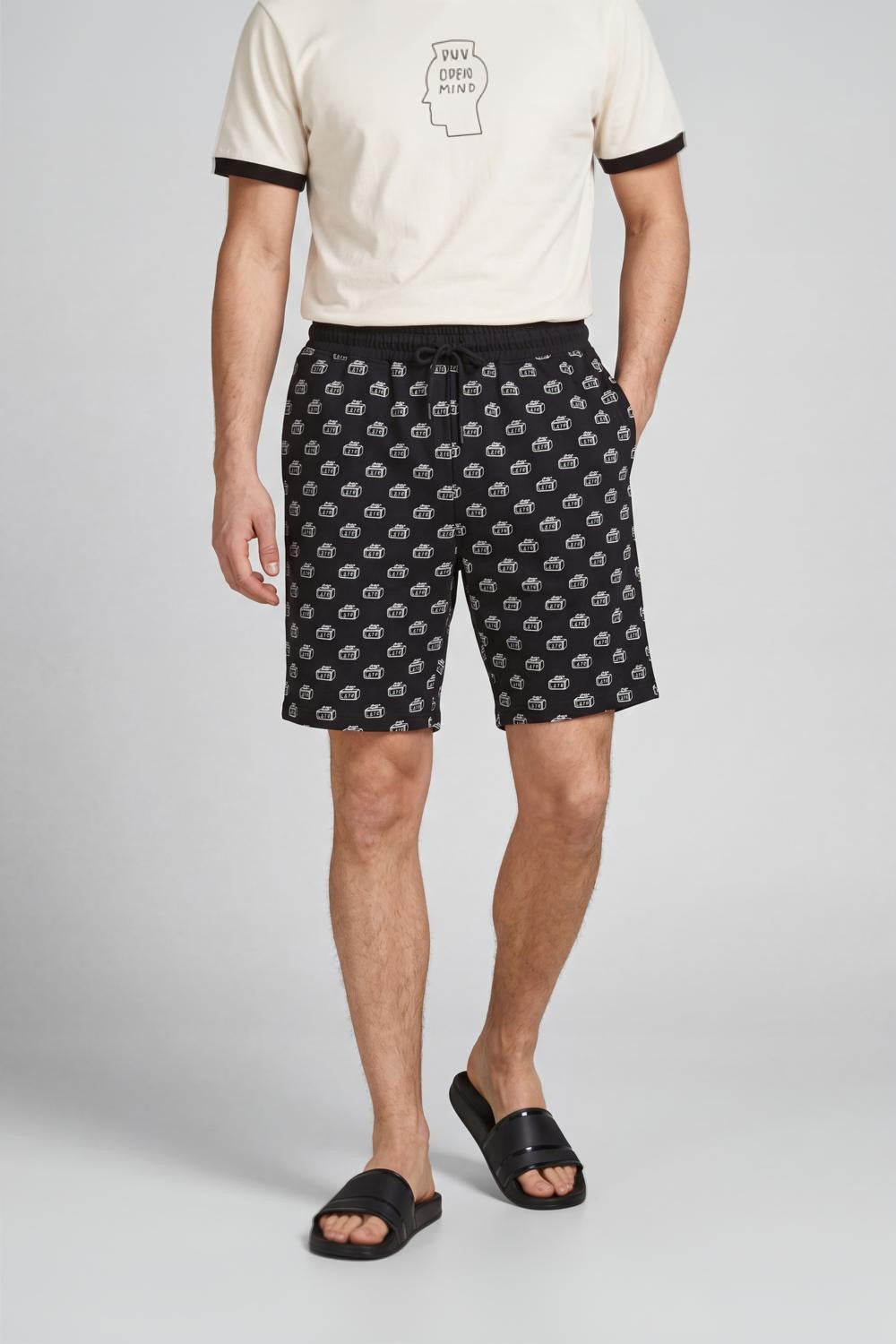 Black Printed Drawstring Lounge Shorts - Image 2
