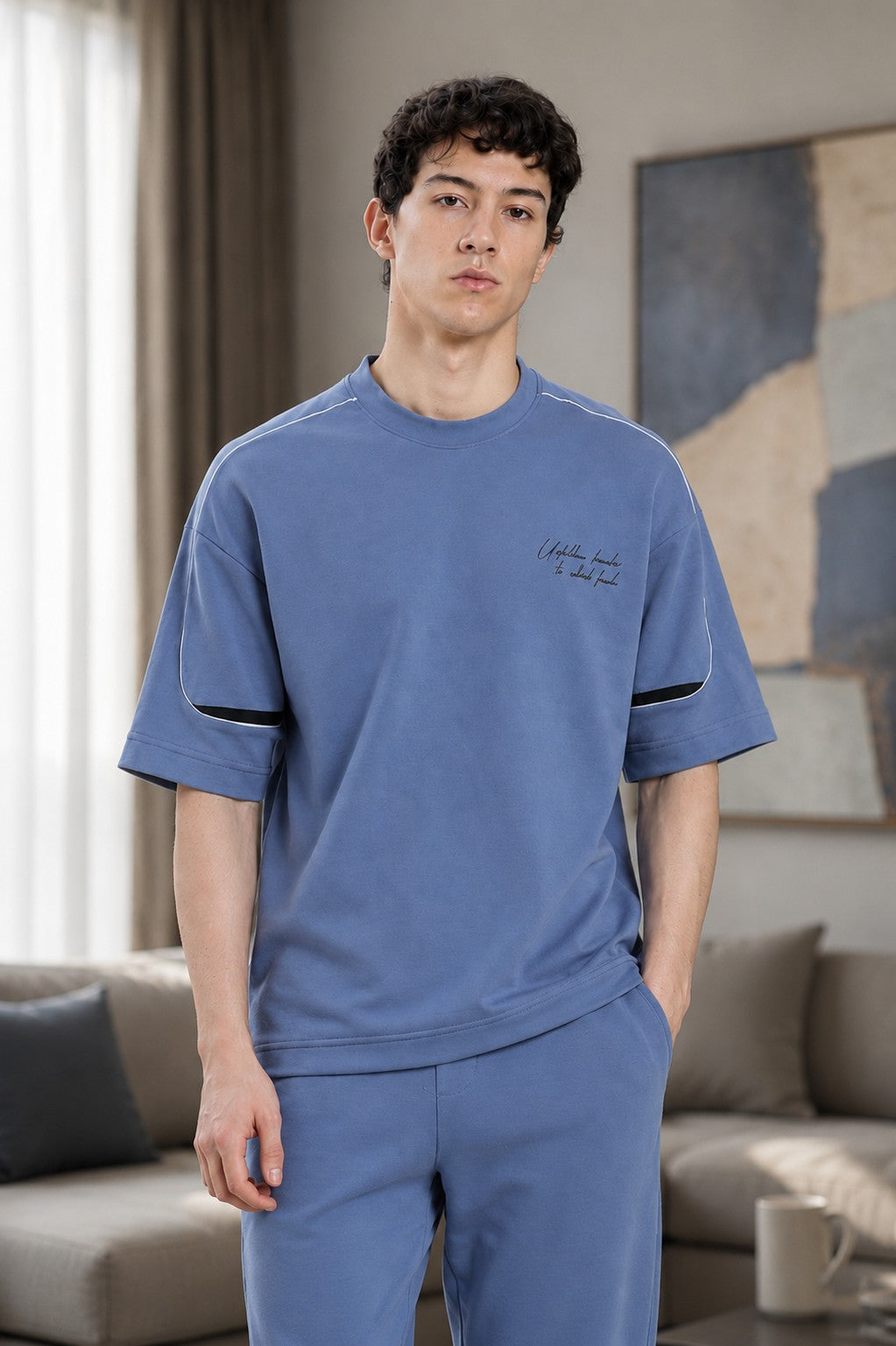 Denim Blue Printed Regular Fit T-Shirt for Men - Image 1