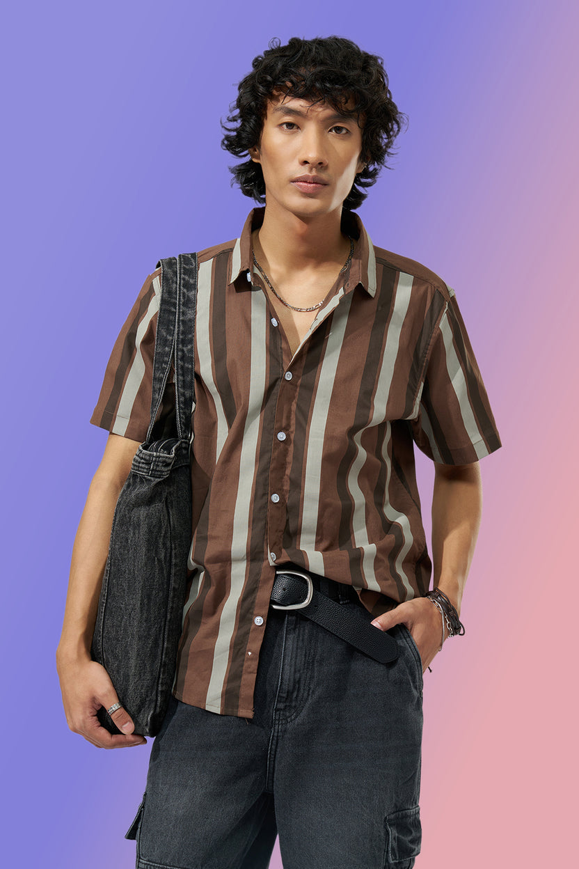 Brown Striped Regular Fit Shirt For Men - Image 1