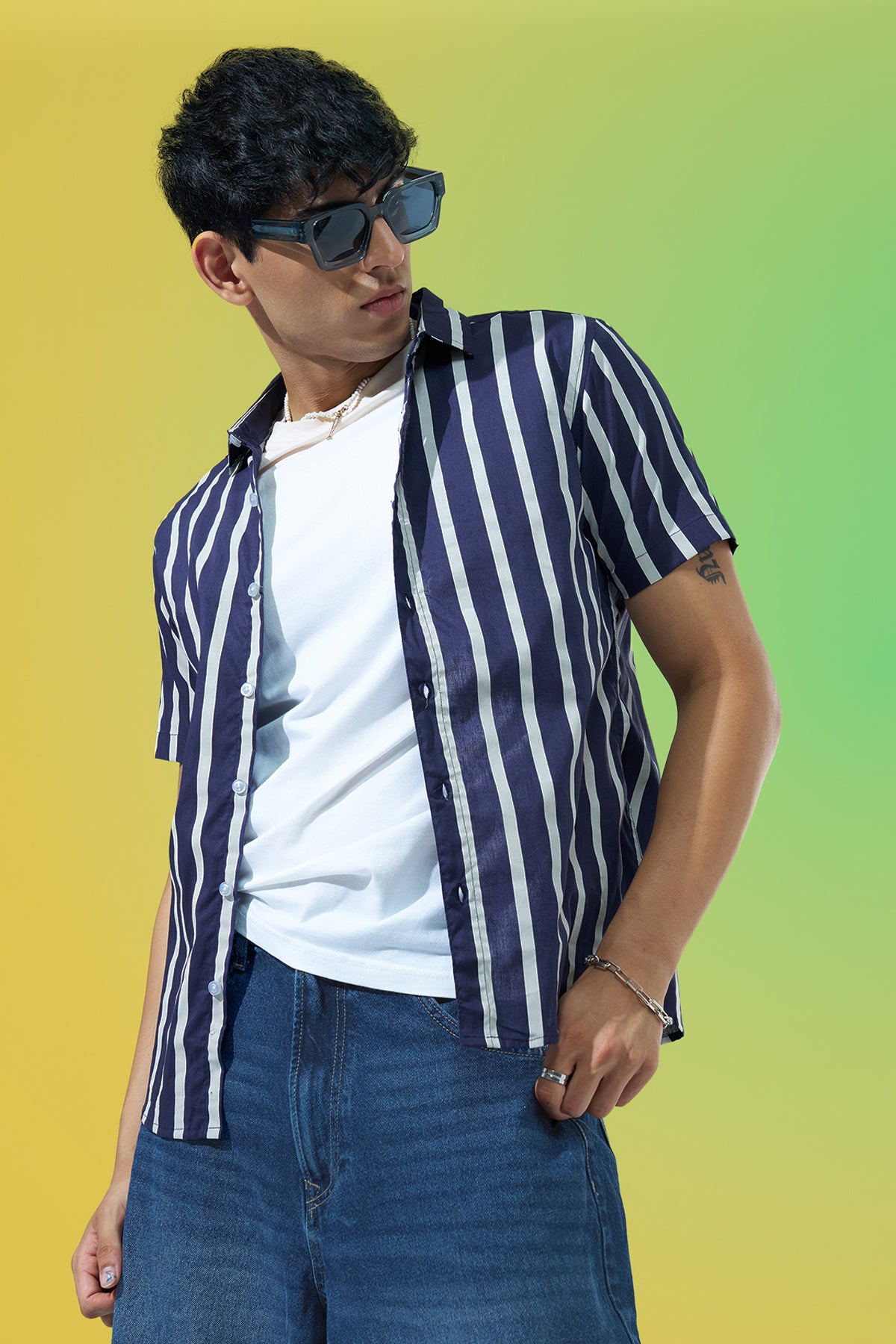 Navy Striped Regular Fit Casual Shirt for Men - Image 1