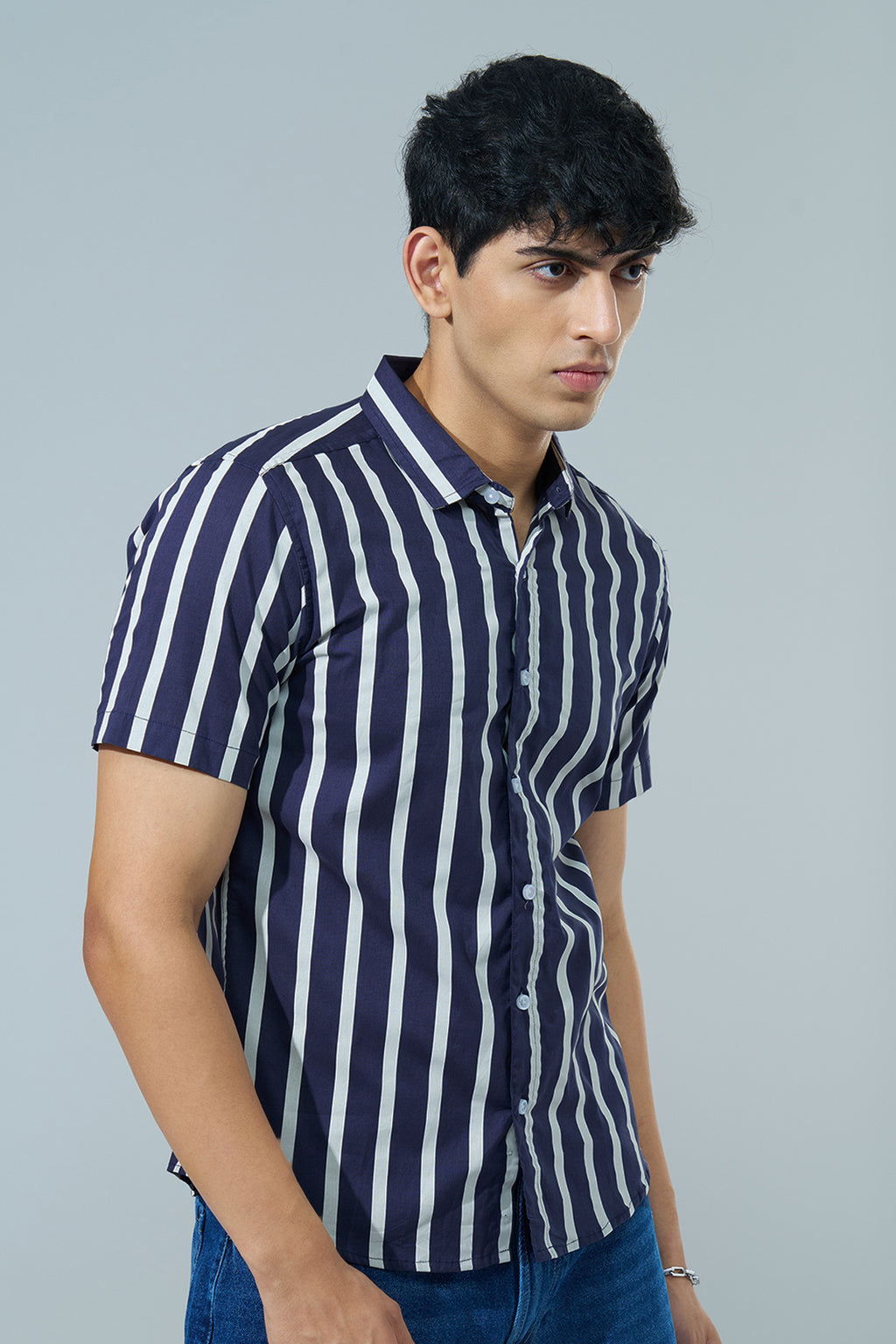 Navy Striped Regular Fit Casual Shirt for Men - Image 4