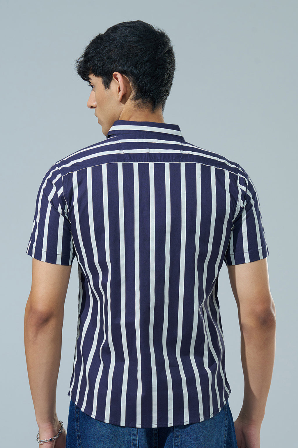 Navy Striped Regular Fit Casual Shirt for Men - Image 5