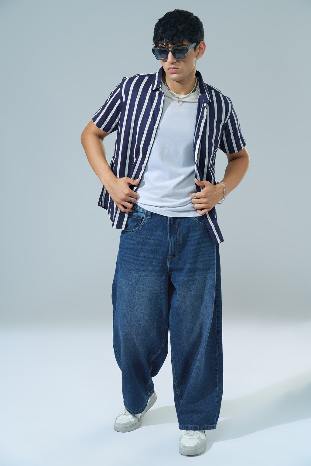 Navy Striped Regular Fit Casual Shirt for Men - Image 6