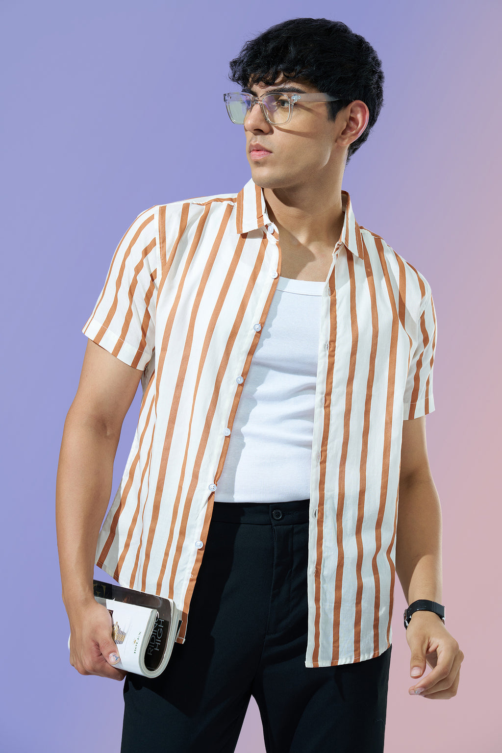 Off White Striped Regular Fit Casual Shirt for Men - Image 1