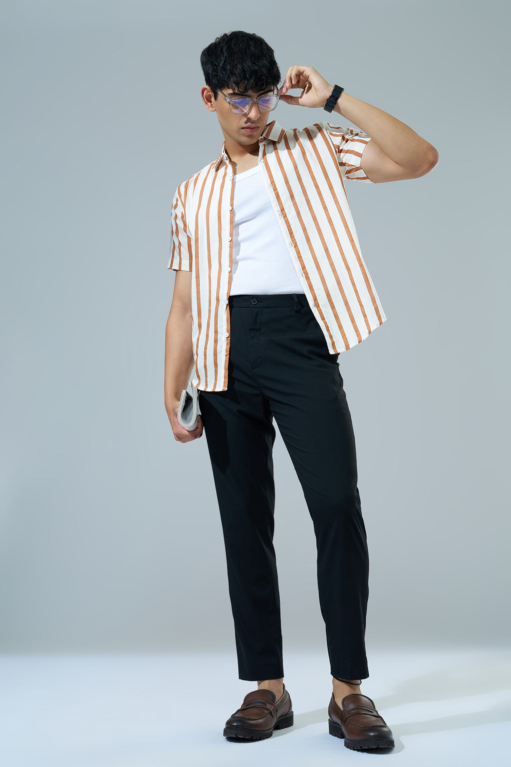 Off White Striped Regular Fit Casual Shirt for Men - Image 6