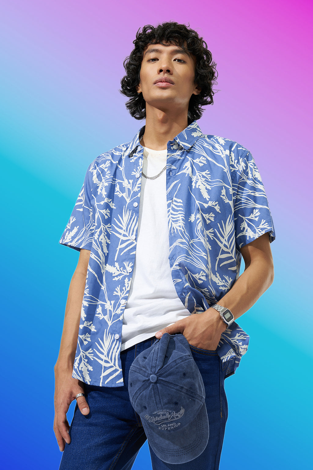 Blue Botanical Print Shirt for Men - Image 1
