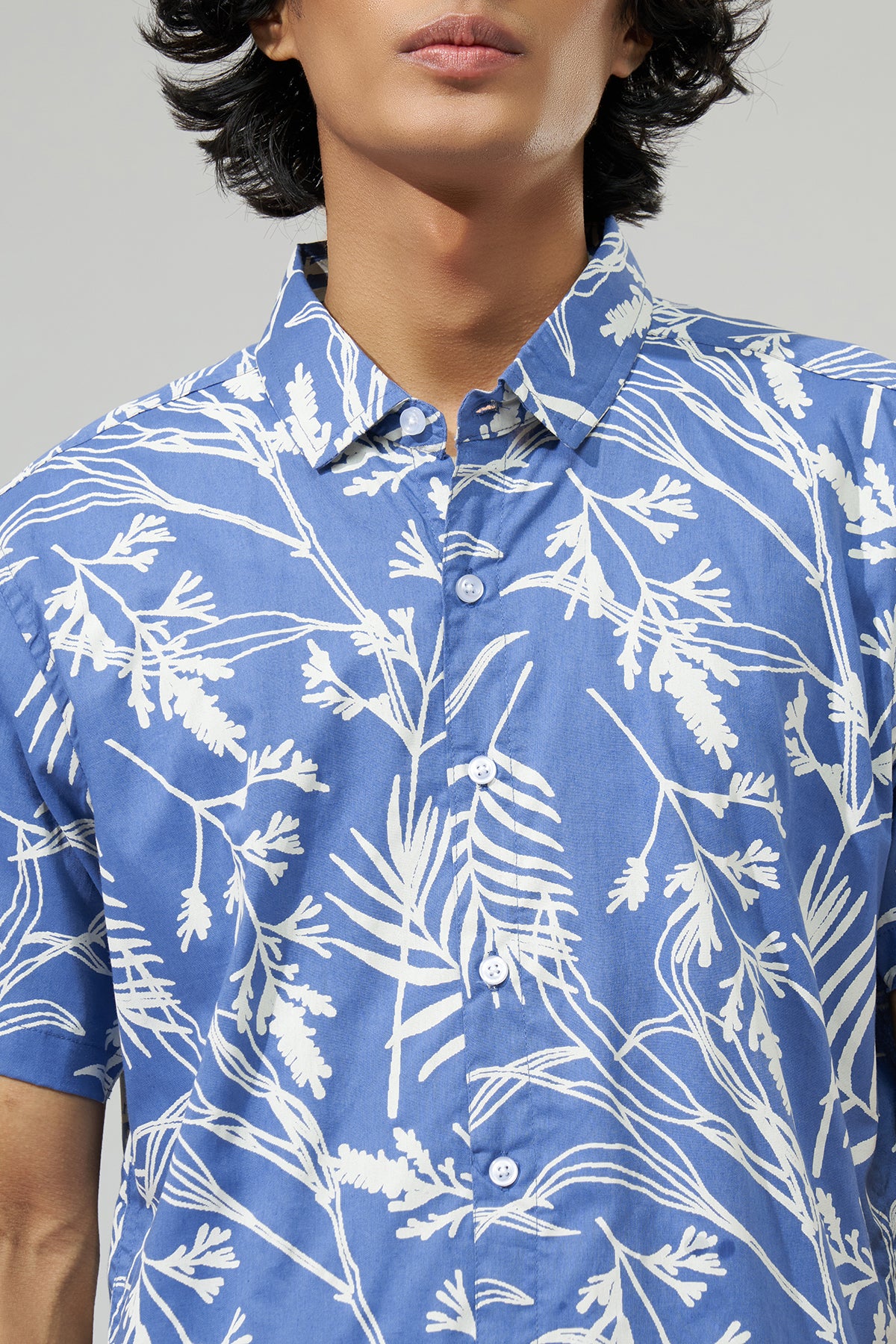 Blue Botanical Print Shirt for Men - Image 2