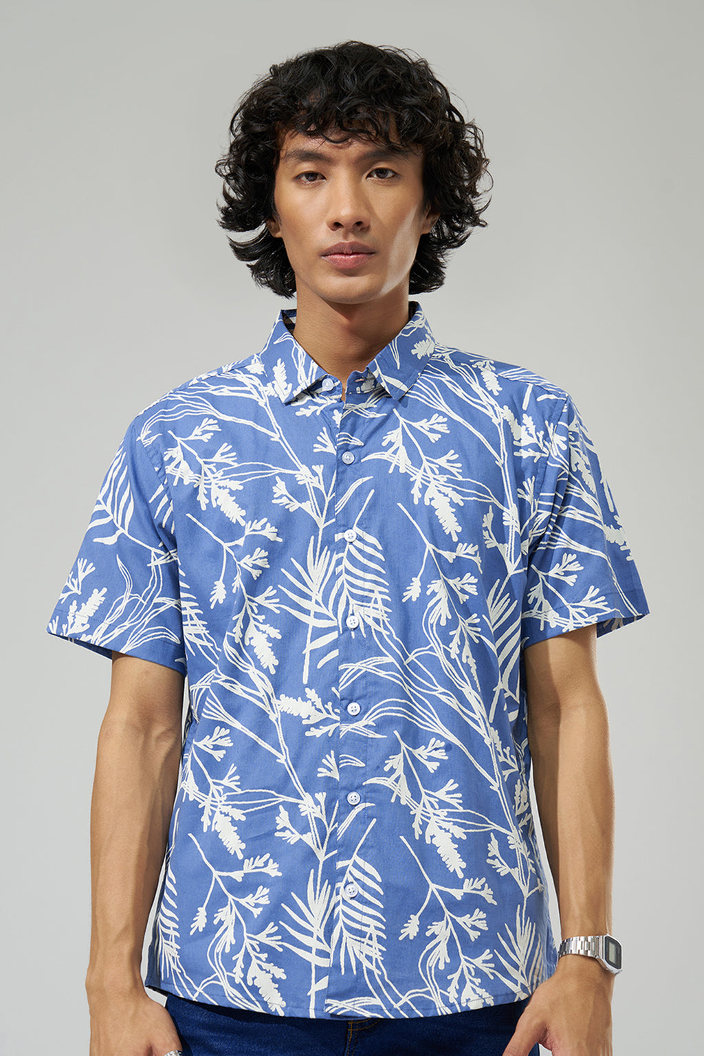 Blue Botanical Print Shirt for Men - Image 3
