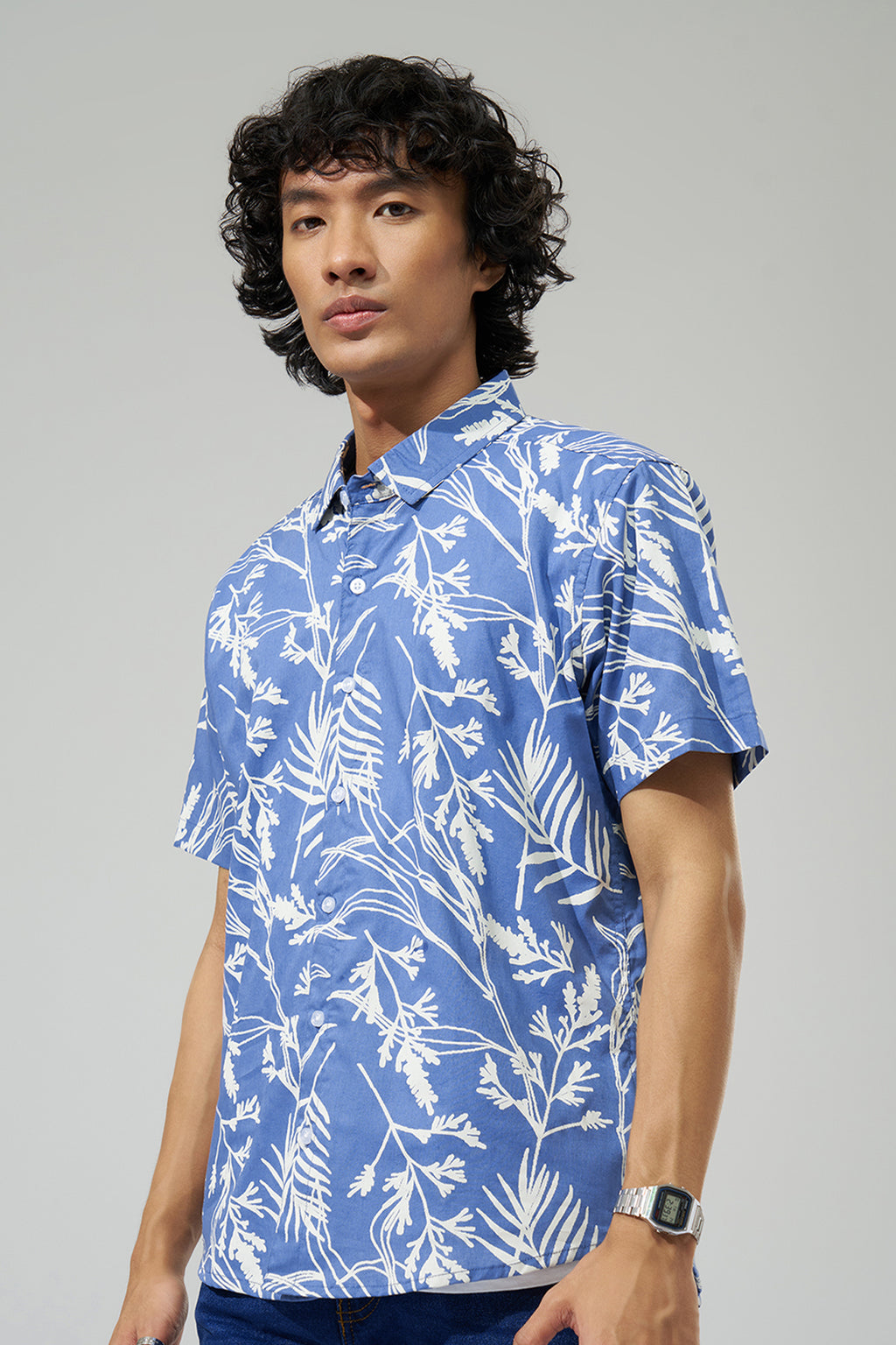Blue Botanical Print Shirt for Men - Image 4