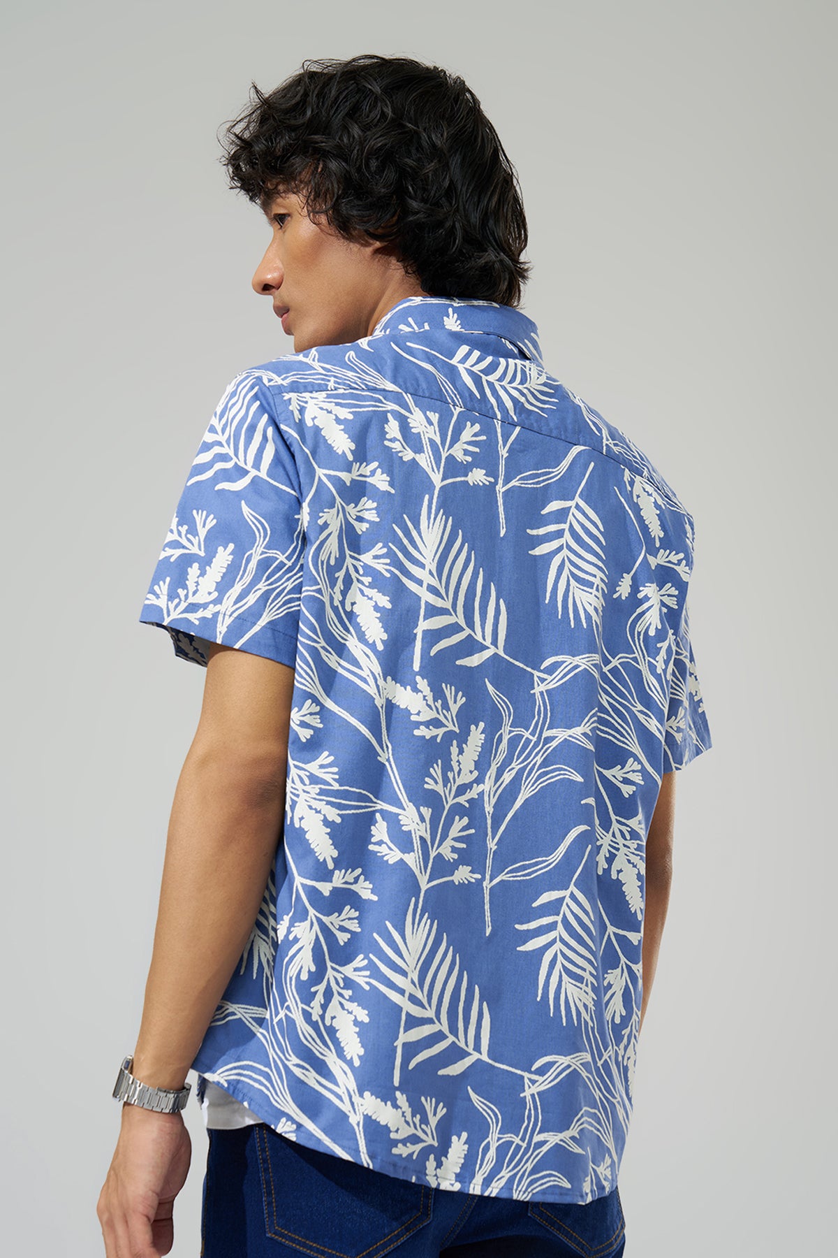 Blue Botanical Print Shirt for Men - Image 5