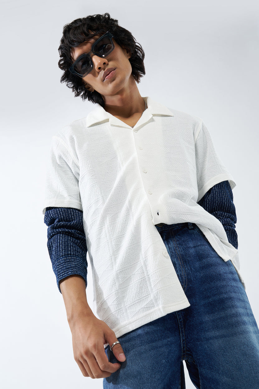 Off White Textured Oversized Fit Shirt For Men - Image 1