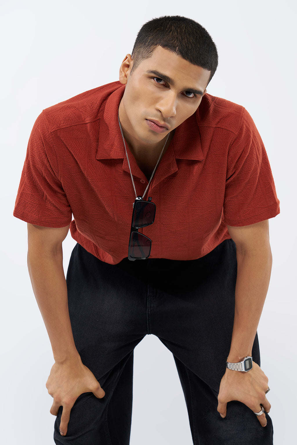 Red Textured Oversized Fit Shirt for Men - Image 1