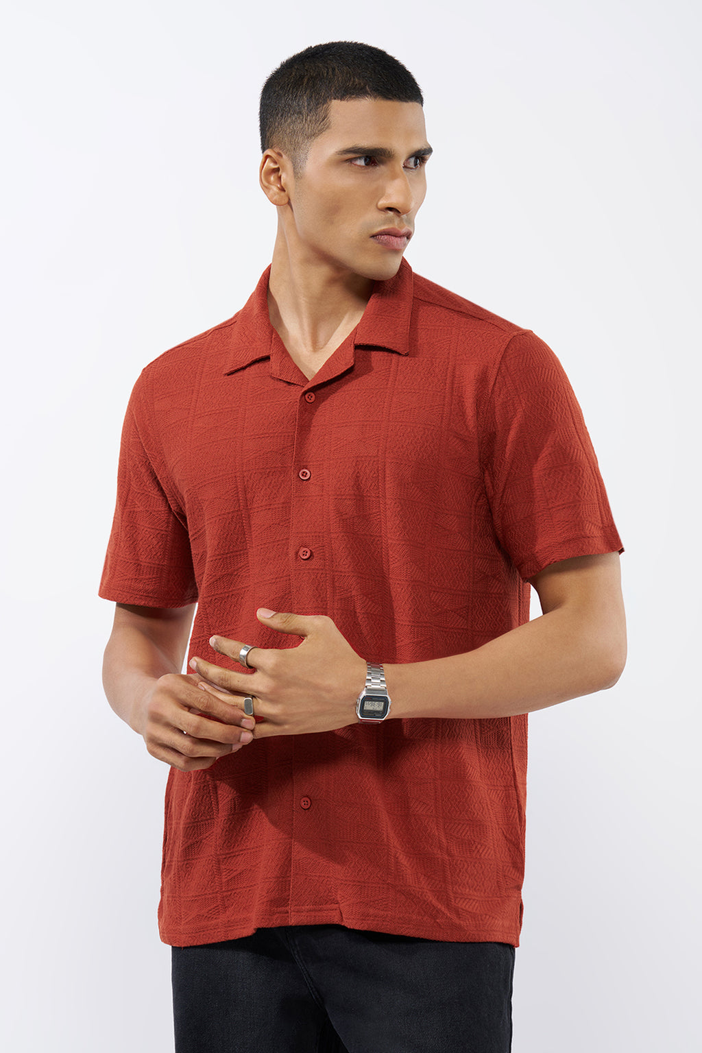 Red Textured Oversized Fit Shirt for Men - Image 2