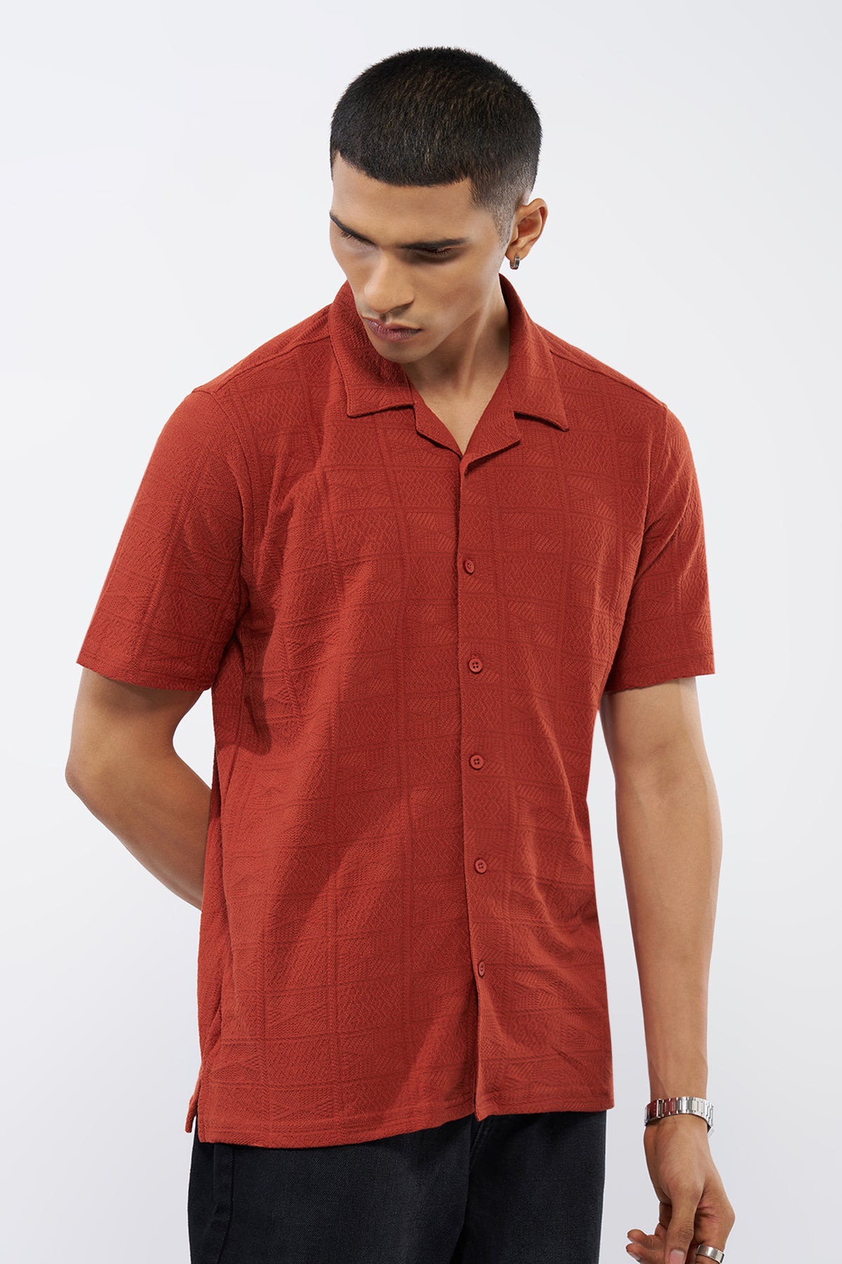 Red Textured Oversized Fit Shirt for Men - Image 4