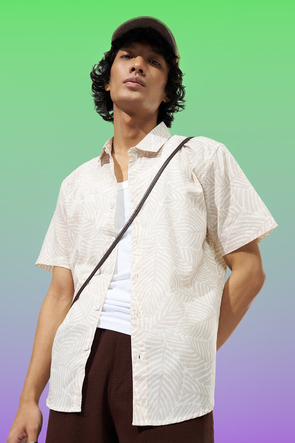 Off White Leaf Print Shirt for Men - Image 1