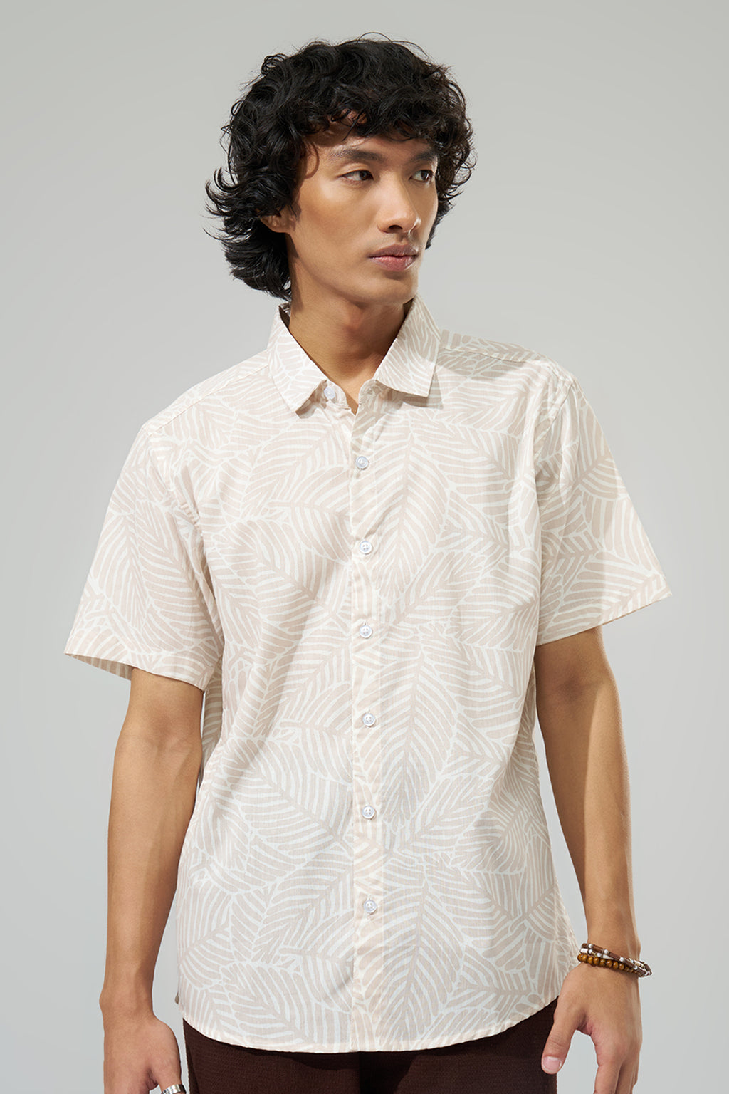 Off White Leaf Print Shirt for Men - Image 3