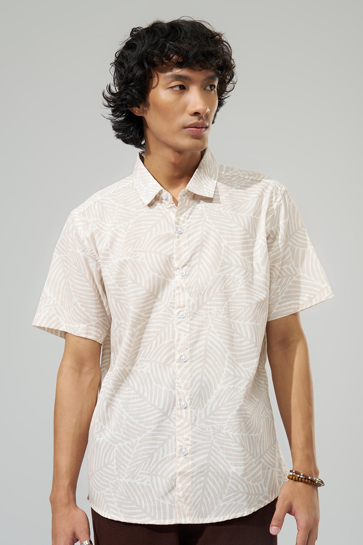 Off White Leaf Print Shirt for Men - Image 3