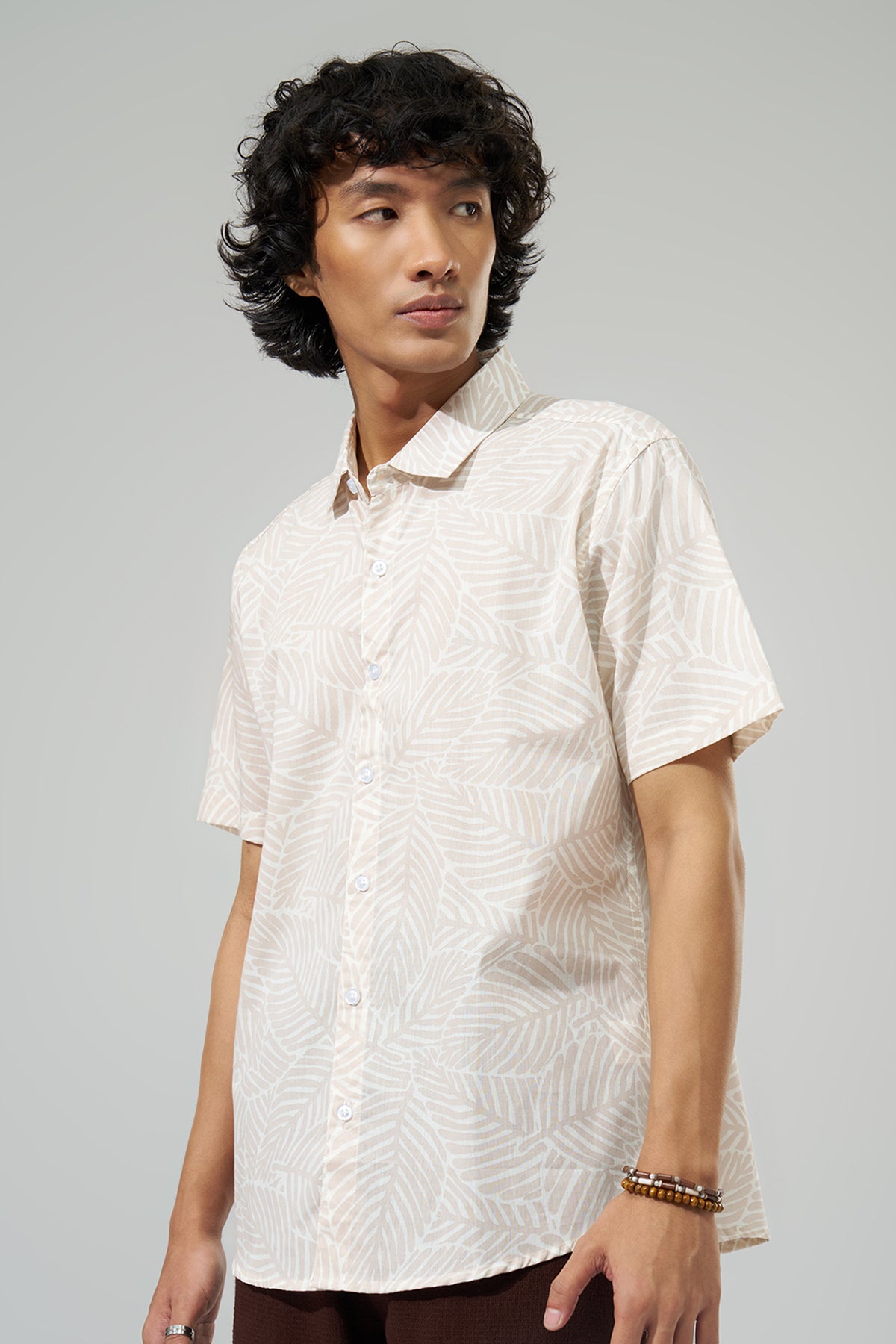 Off White Leaf Print Shirt for Men - Image 4