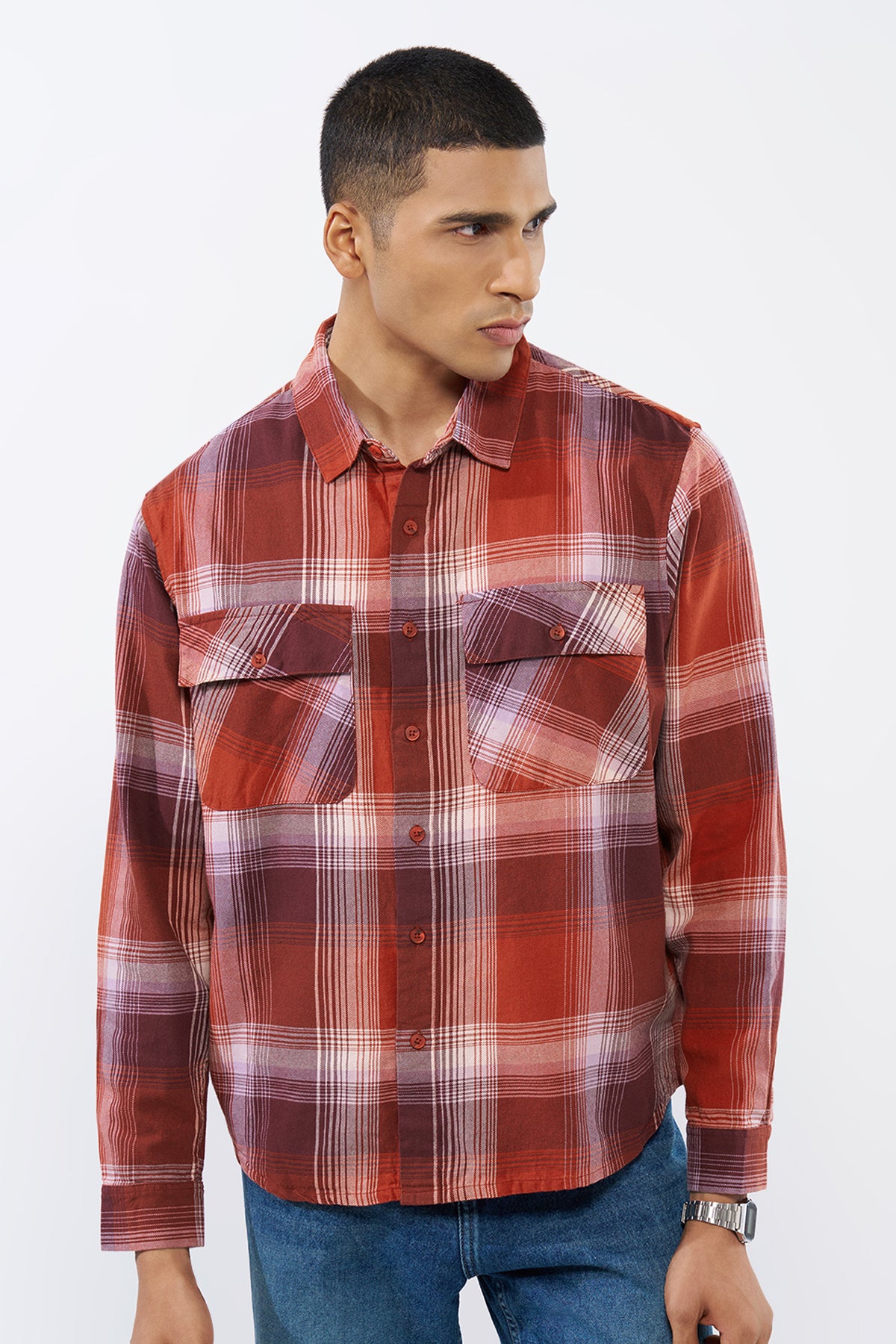 Red Checked Oversized Fit Shirt for Men - Image 2