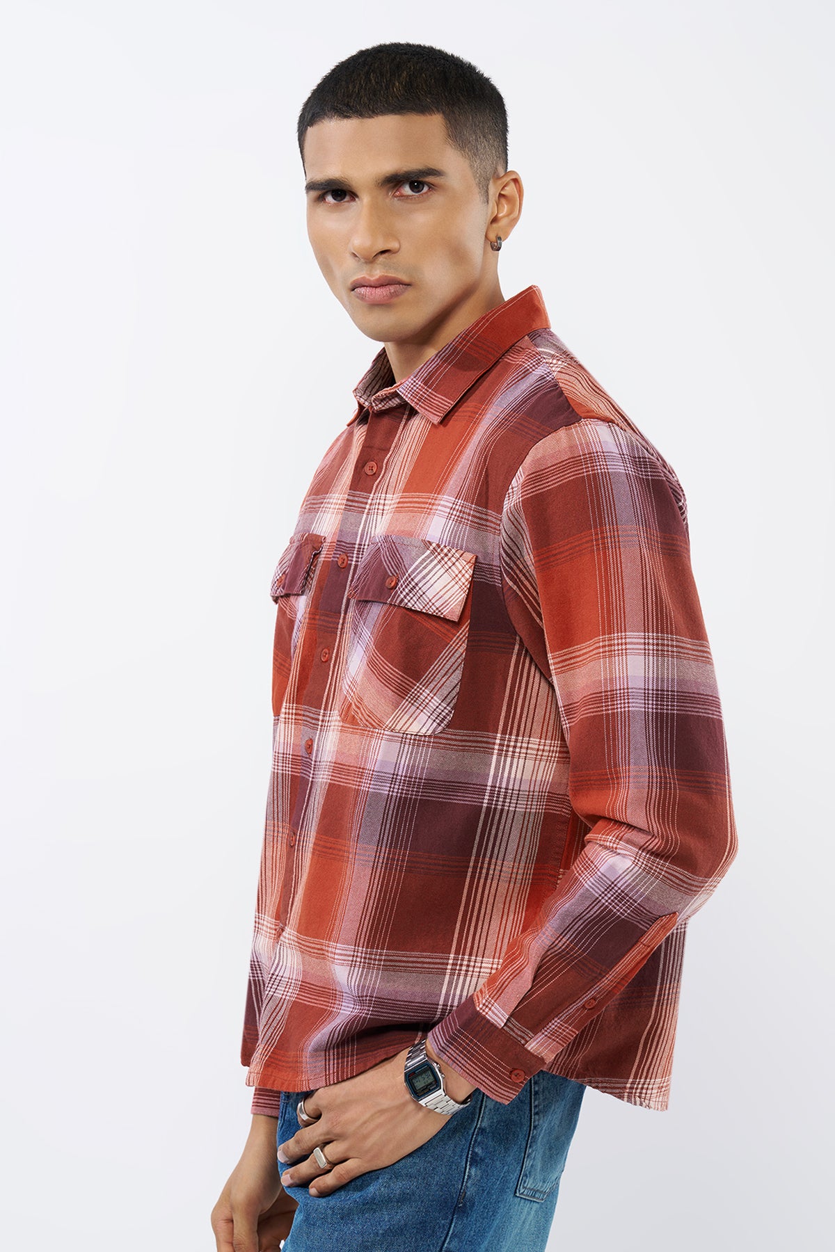 Red Checked Oversized Fit Shirt for Men - Image 4