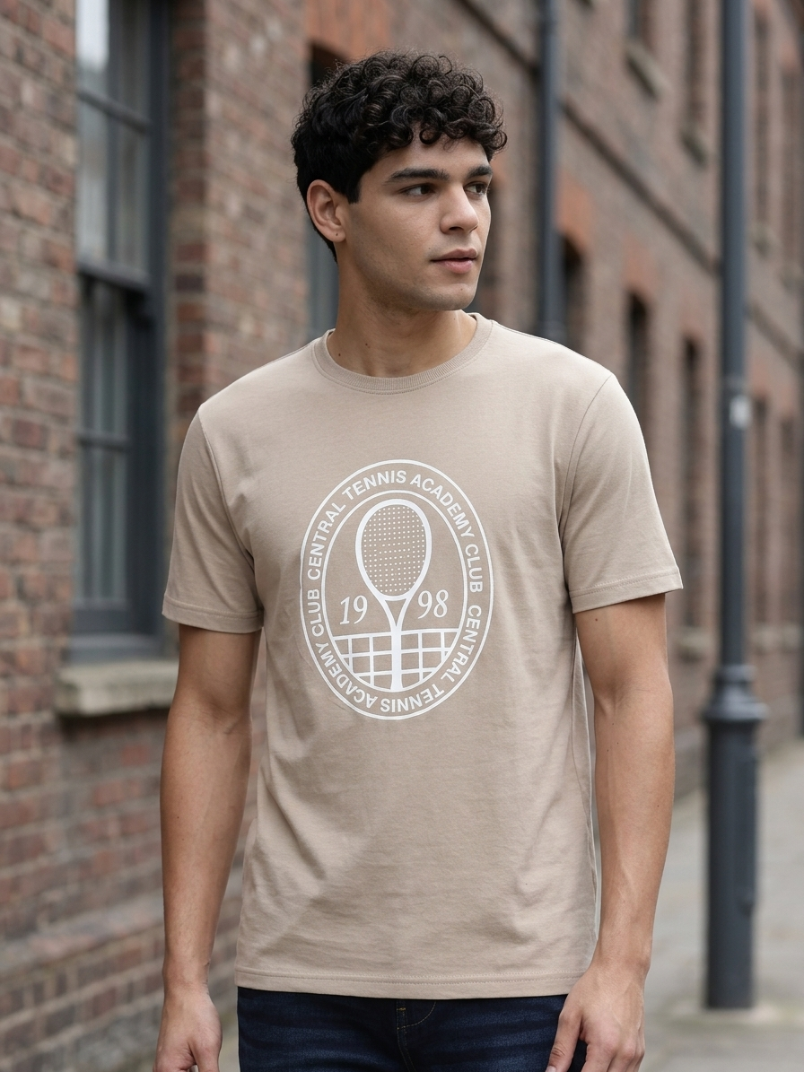 Taupe Graphic Printed Regular Fit T-Shirt for Men - Image 1