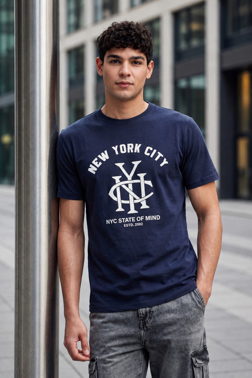 Navy Typographic Regular Fit T-Shirt for Men - Image 1