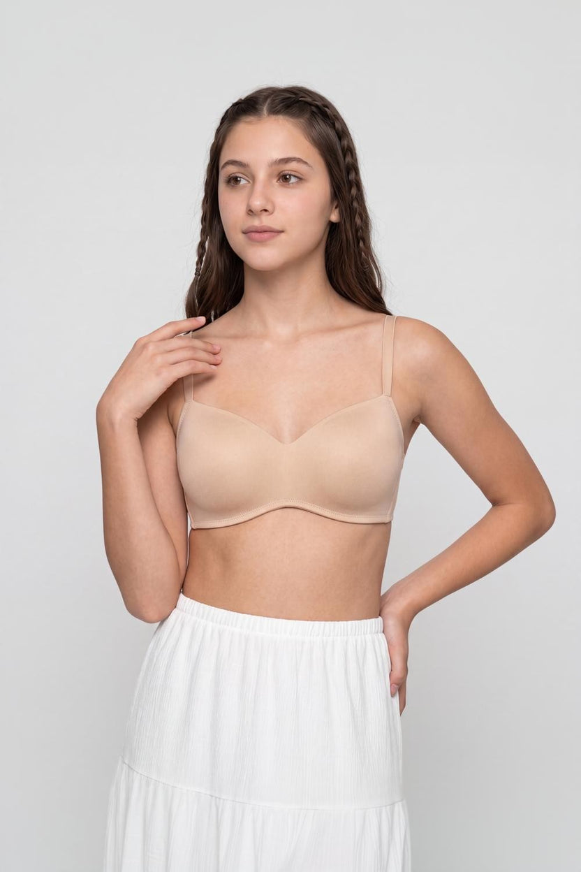 Beige Solid Cotton Spandex Bra for Women - Image 2