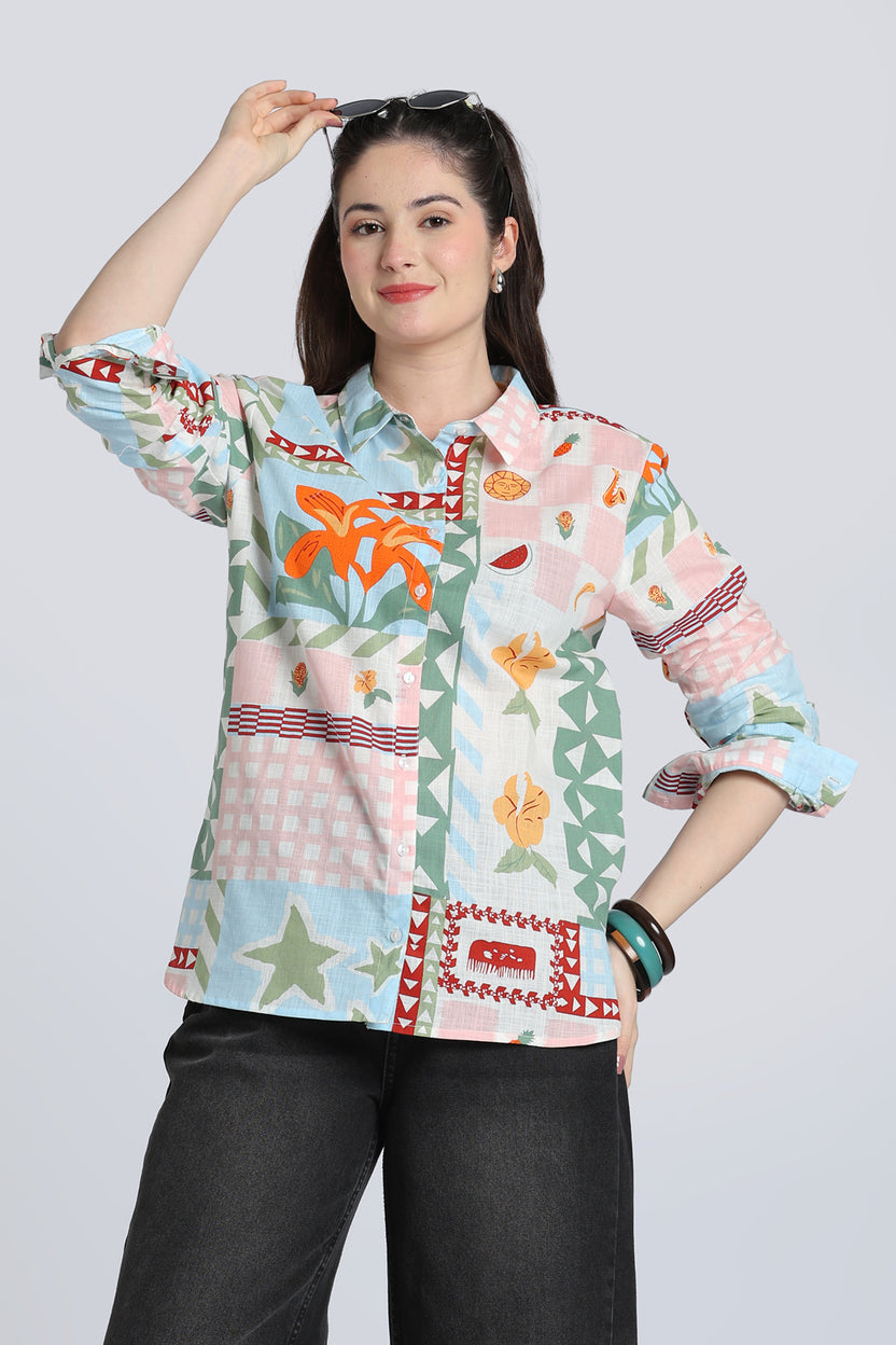 Pink Conversational Regular Fit Shirt for Women - Image 1
