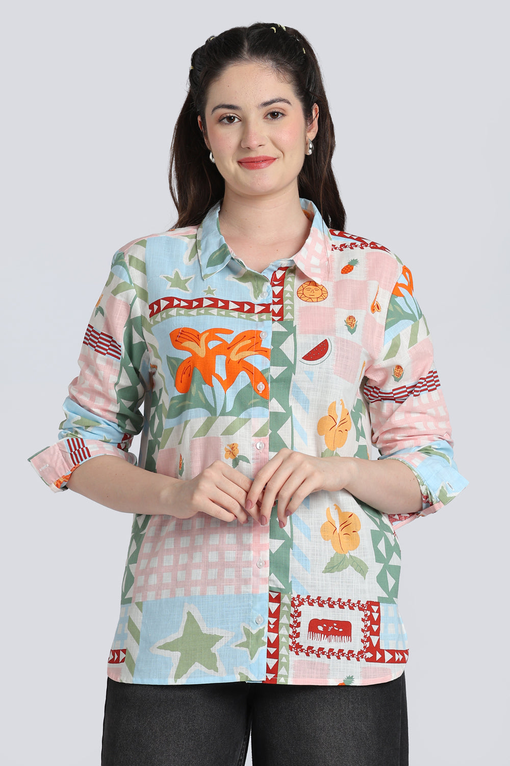 Pink Conversational Regular Fit Shirt for Women - Image 2