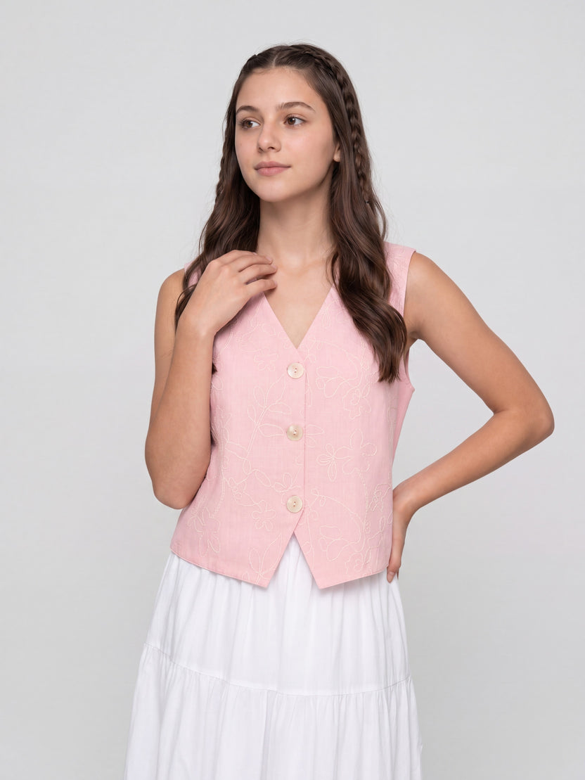 Pink Embroidered Regular Fit Top For Women - Image 2