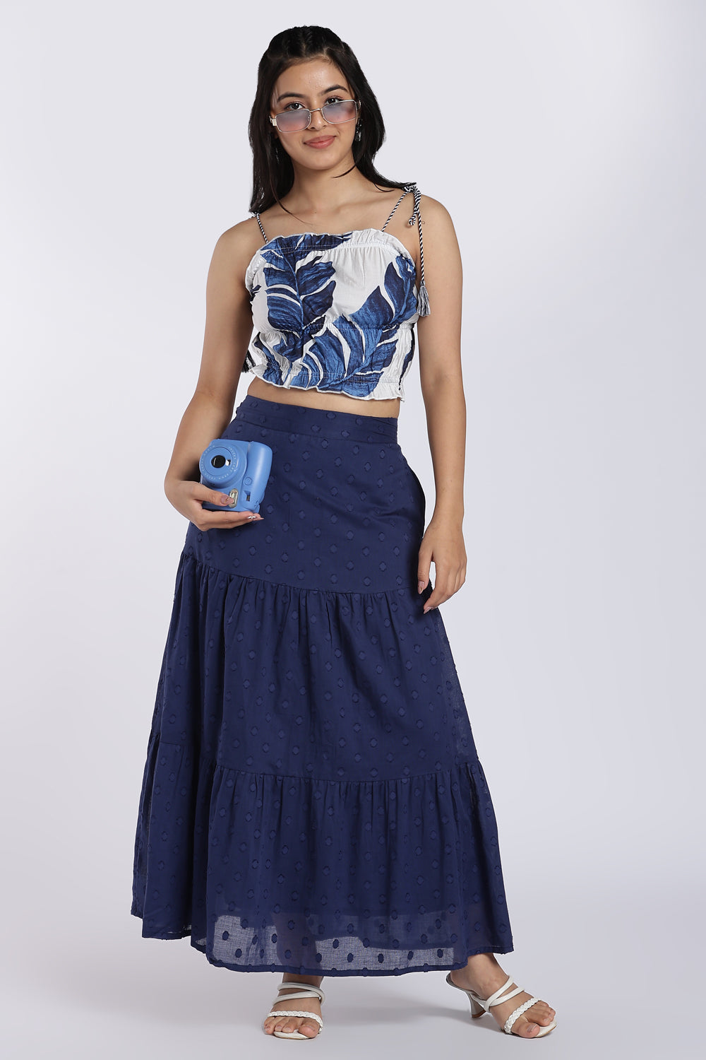 White Tropical Print Tie-Up Crop Top for Women - Image 1