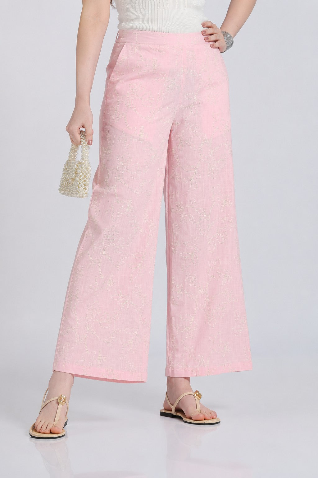 Pink Embroidered Wide Leg Palazzo With 2 Pocket For Women - Image 1