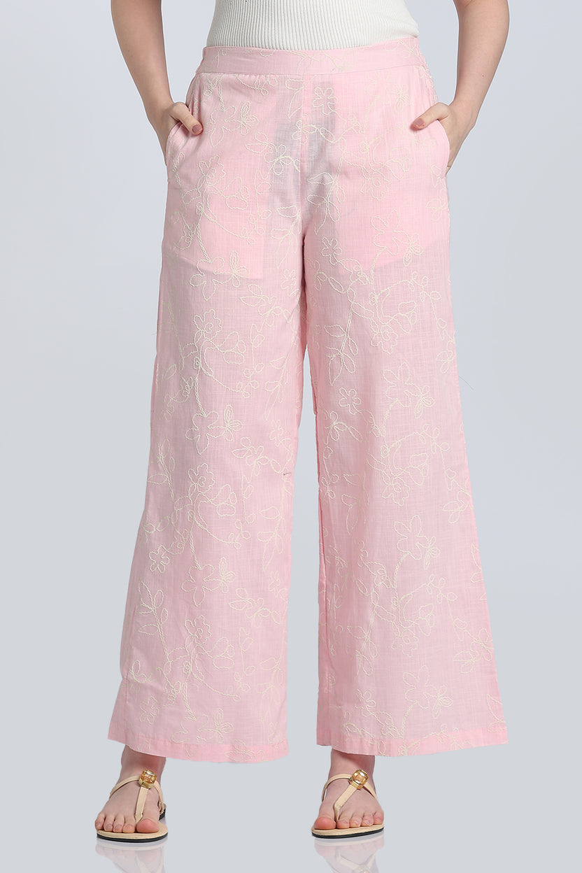 Pink Embroidered Wide Leg Palazzo With 2 Pocket For Women - Image 2