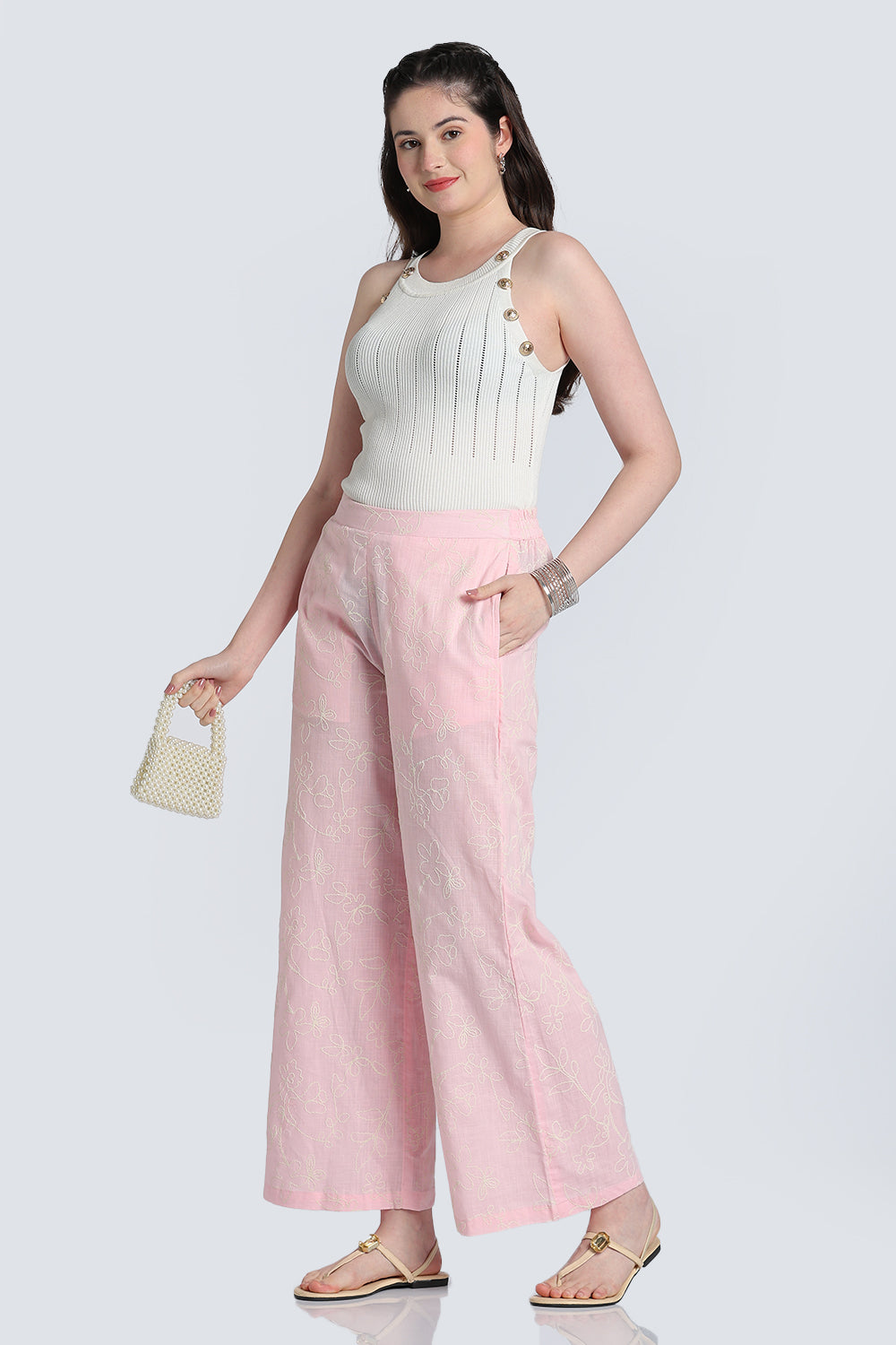 Pink Embroidered Wide Leg Palazzo With 2 Pocket For Women - Image 6