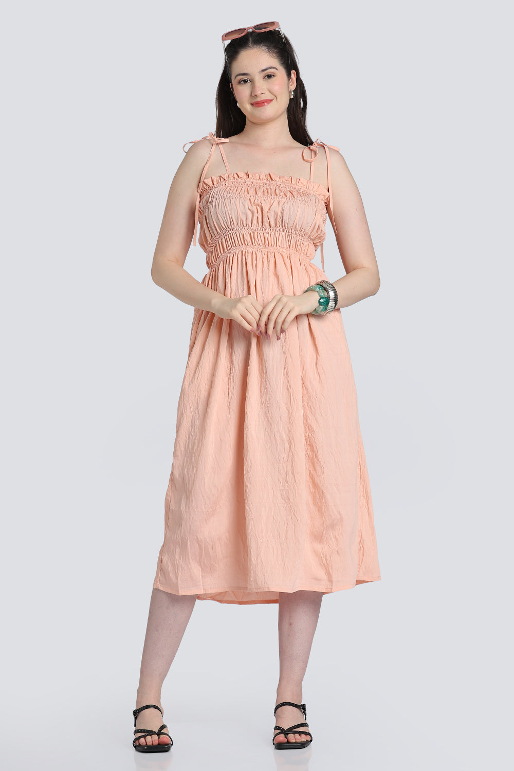 Peach Shoulder Straps Sleeves Fit Dress for Women - Image 1