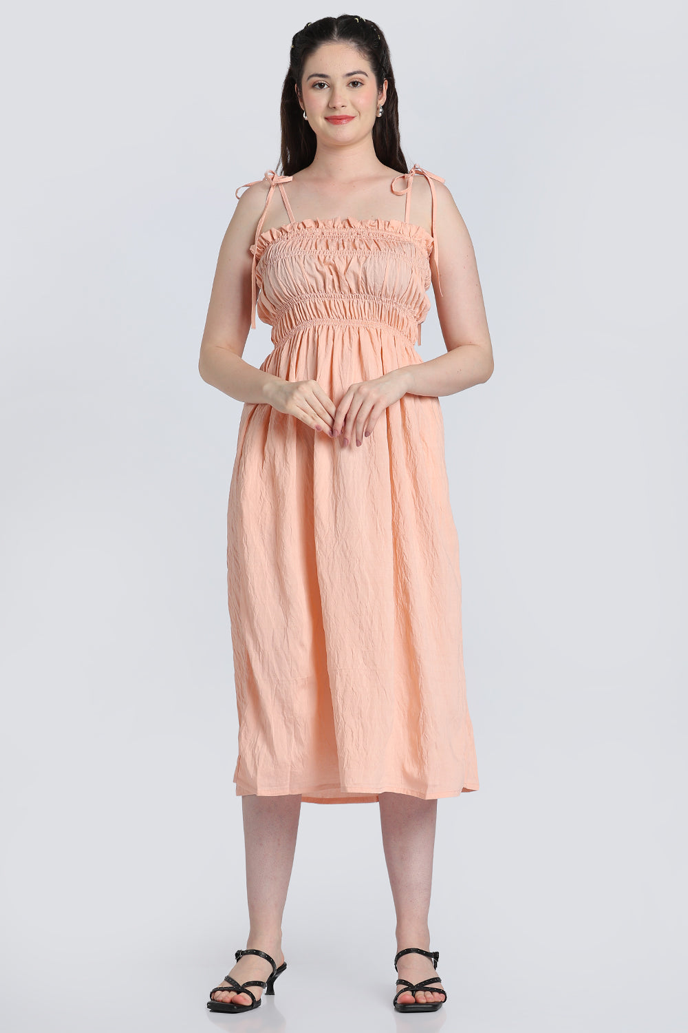 Peach Shoulder Straps Sleeves Fit Dress for Women - Image 2