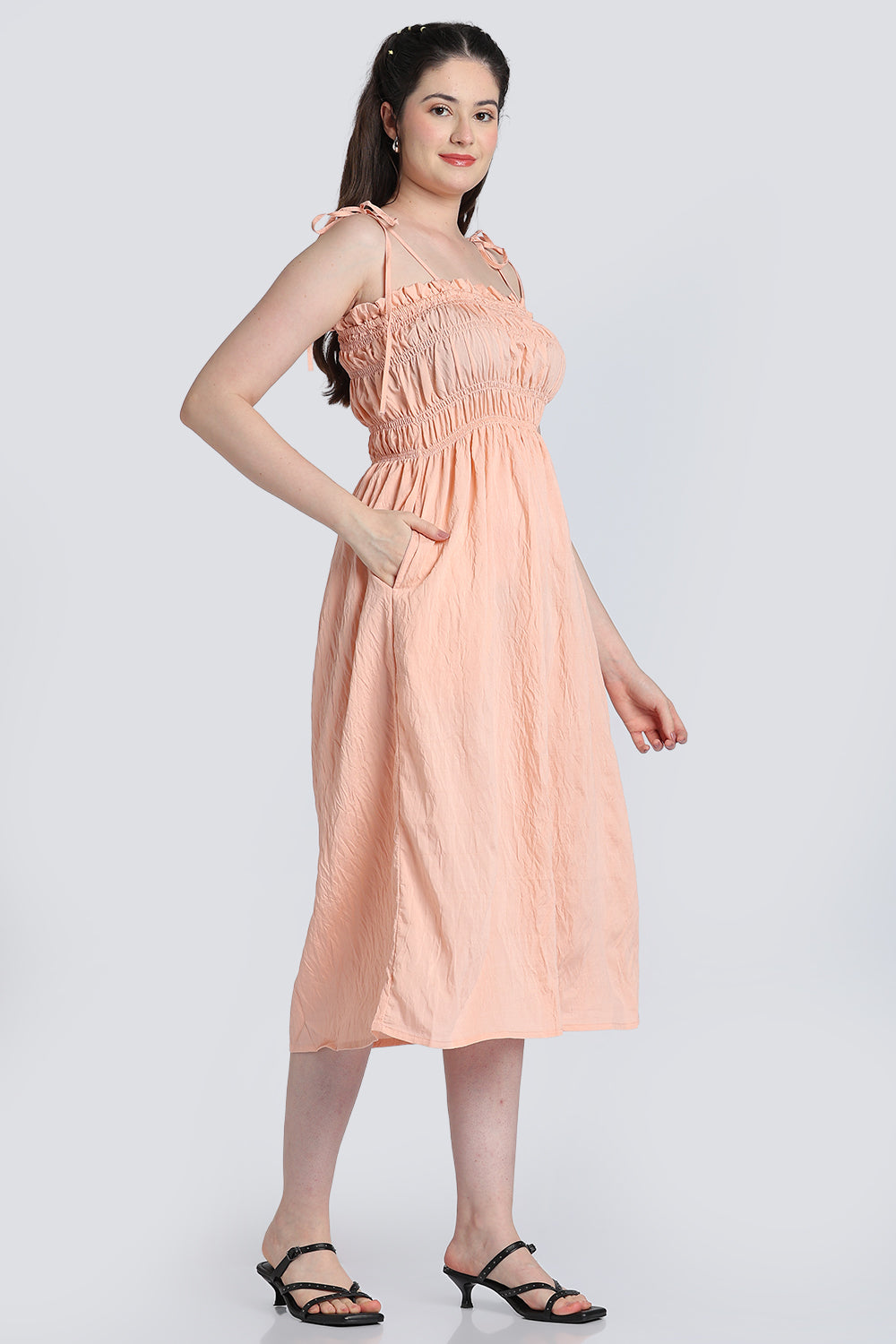 Peach Shoulder Straps Sleeves Fit Dress for Women - Image 4